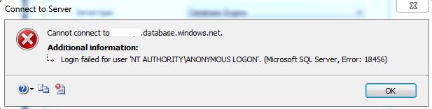 Azure SQL DB – Login failed for user NT AUTHORITYANONYMOUS LOGON. | All ...